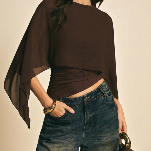 MODA ME COUTURE Tops - Brown Casual Elegant Women's Shawl Collar Batwing Sleeve Top